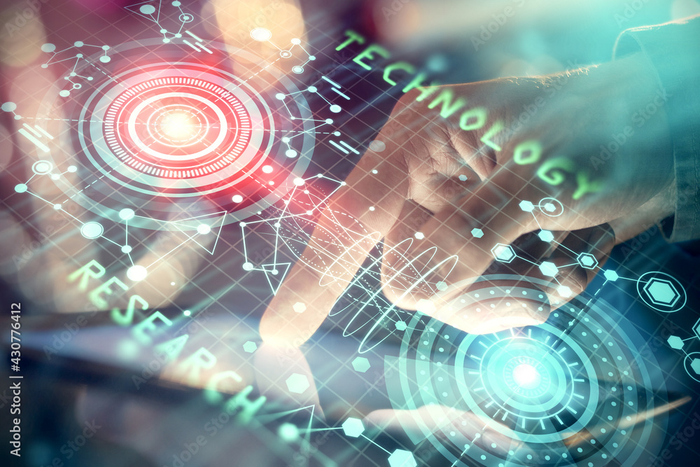 Poster multi exposure of man's hand holding and using a digital device and data theme drawing. innovation c