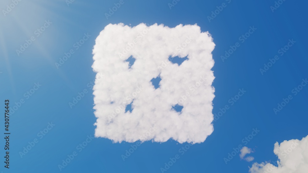 Poster 3d rendering of white clouds in shape of symbol of dice five on blue sky with sun