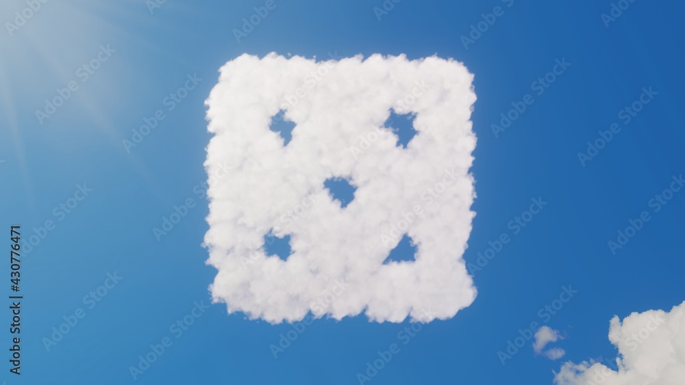 Poster 3d rendering of white clouds in shape of symbol of dice on blue sky with sun