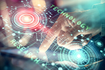 Multi exposure of man's hand holding and using a digital device and data theme drawing. Innovation concept.