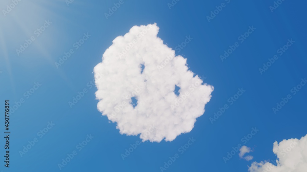 Poster 3d rendering of white clouds in shape of symbol of cookie bite on blue sky with sun