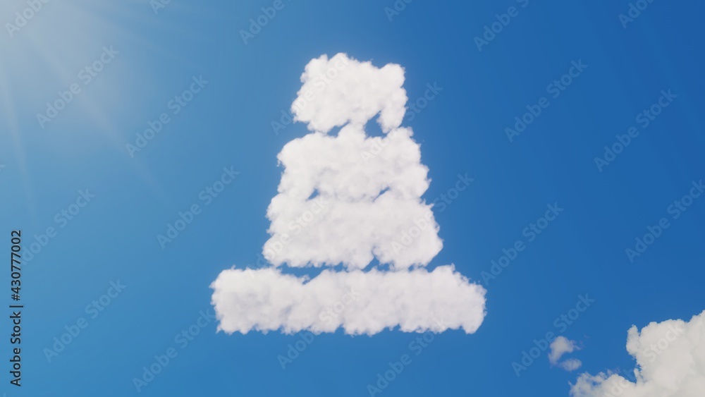 Poster 3d rendering of white clouds in shape of symbol of cone on blue sky with sun