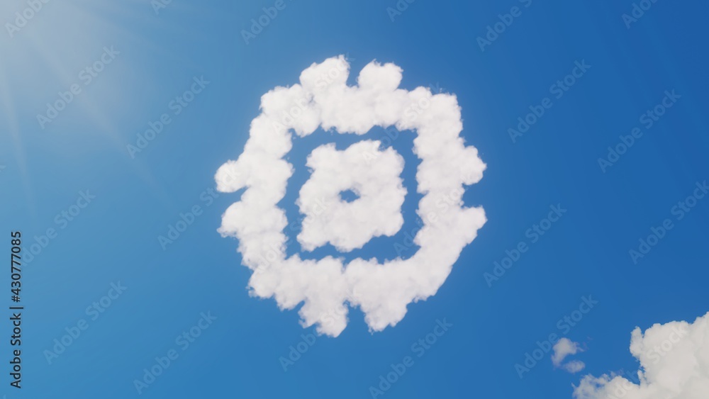 Poster 3d rendering of white clouds in shape of symbol of computer on blue sky with sun