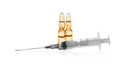 Syringe and ampules with medicine on white background