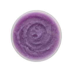 Body scrub in jar isolated on white, top view