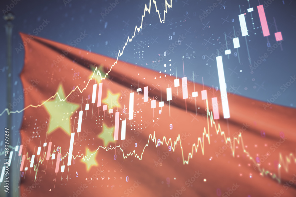 Poster multi exposure of virtual abstract financial graph interface on chinese flag and sunset sky backgrou