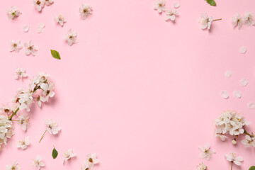 Fototapeta na wymiar Frame of spring tree blossoms on pink background, flat lay. Space for text