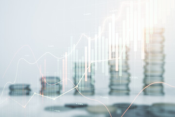 Multi exposure of virtual abstract financial graph interface on coins background, financial and...