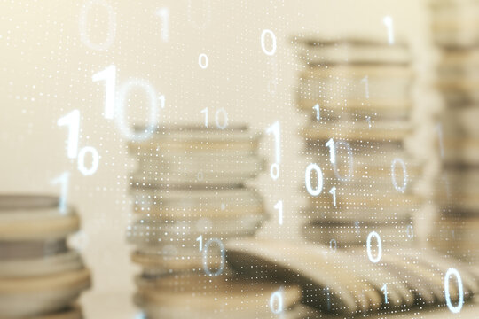Abstract virtual binary code sketch on growing coins stacks background, hacking and matrix concept. Multiexposure
