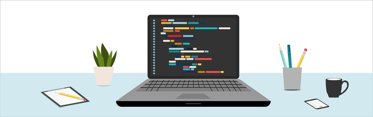 coding and programming software on window laptop computer screen concept, vector flat design illustration