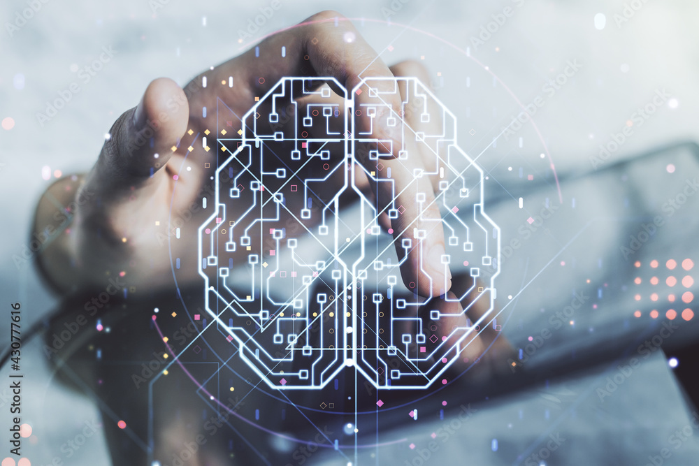 Aufkleber Double exposure of creative artificial Intelligence symbol with finger clicks on a digital tablet on background. Neural networks and machine learning concept