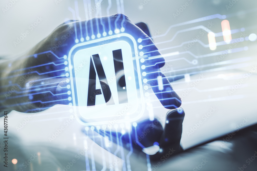 Poster double exposure of creative artificial intelligence icon with finger clicks on a digital tablet on b