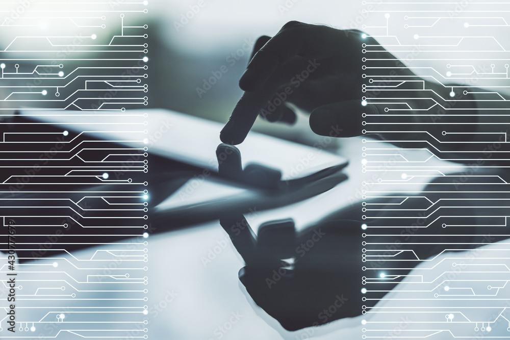 Aufkleber creative concept of microscheme illustration and finger clicks on a digital tablet on background. bi