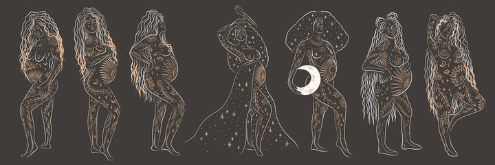 woman contour astrology, goddess of female power. zodiac signs, tarot cards, fortune-telling and predictions, forecast