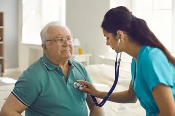 Homecare nursing service and elderly people cardiology healthcare. Close up of young hispanic...