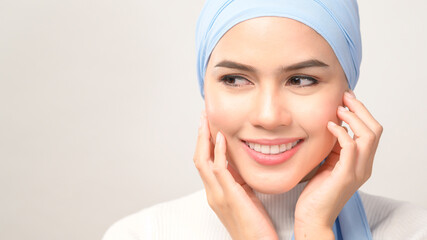 close up of young beautiful muslim woman with hijab isolated on white background studio, muslim beauty skin care concept.