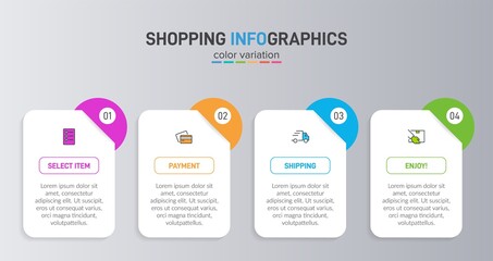 Concept of shopping process with 4 successive steps. Four colorful graphic elements. Timeline design for brochure, presentation, web site. Infographic design layout.