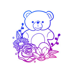 Teddy Rose Flower with Vintage Child Toy Design. Bear Floral frame ornament vector style. Decoration Design Wreath illustration.
