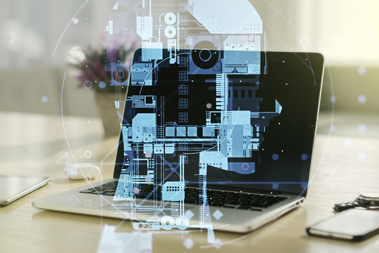 Double exposure of creative human head microcircuit with computer on background. Future technology and AI concept