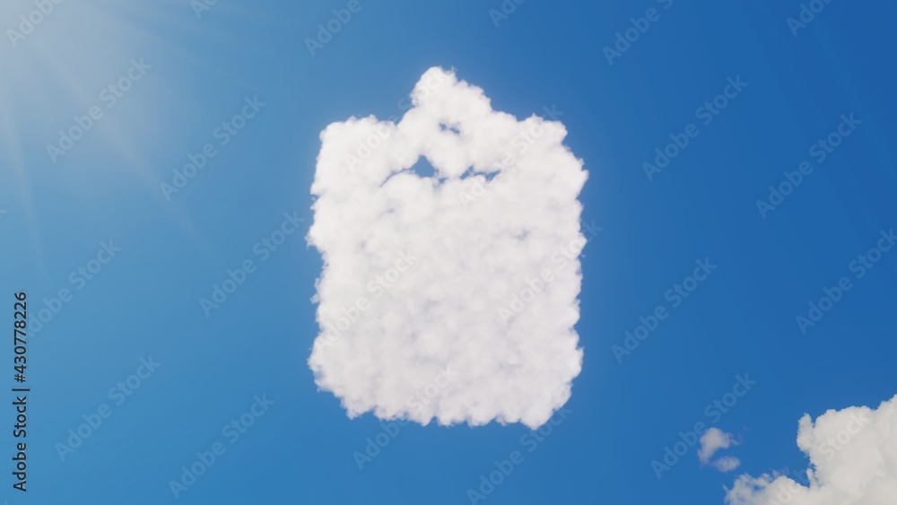 Poster 3d rendering of white clouds in shape of symbol of clipboard on blue sky with sun