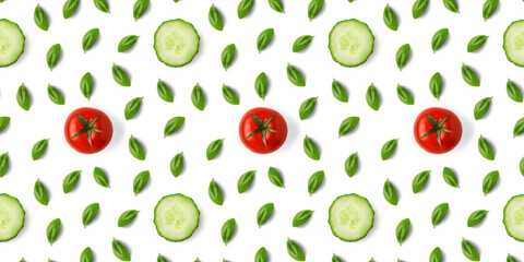 Food background - tomato, basil, cucumber