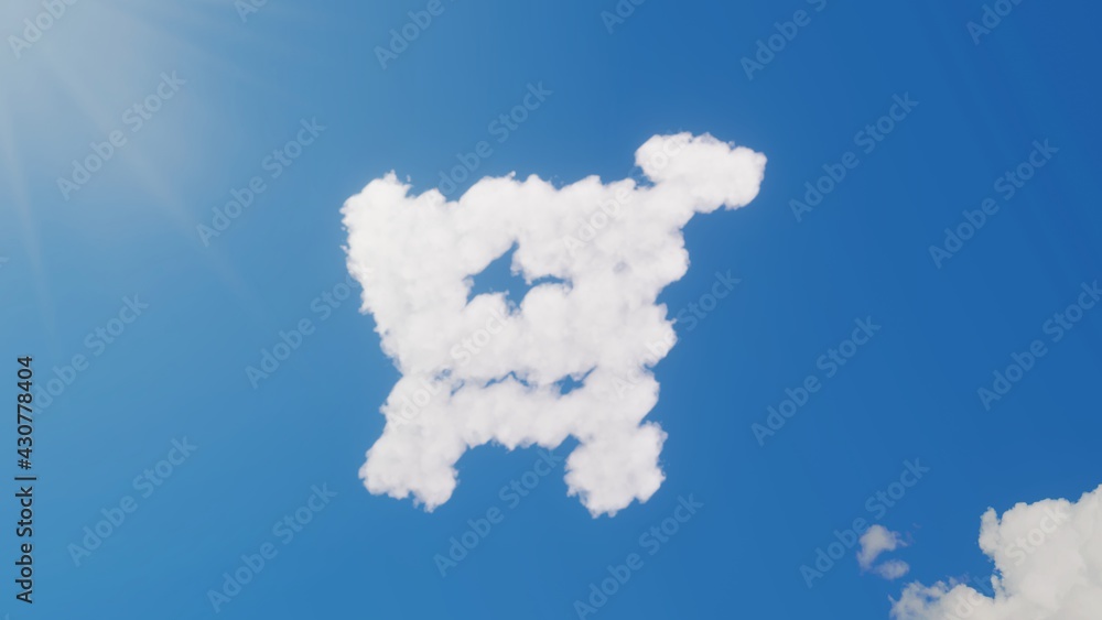 Poster 3d rendering of white clouds in shape of symbol of cart plus on blue sky with sun