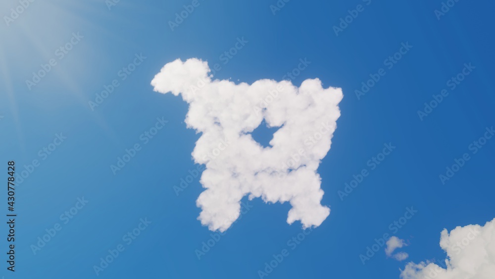 Poster 3d rendering of white clouds in shape of symbol of cart arrow down on blue sky with sun