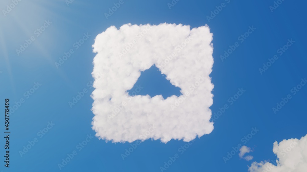 Poster 3d rendering of white clouds in shape of symbol of caret square up on blue sky with sun