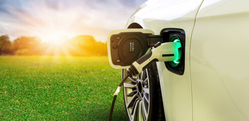 Power supply connect to electric car with nature background. Technology transport which are the future of the Automobile. Concept of reduce pollution, environment , Save the earth	