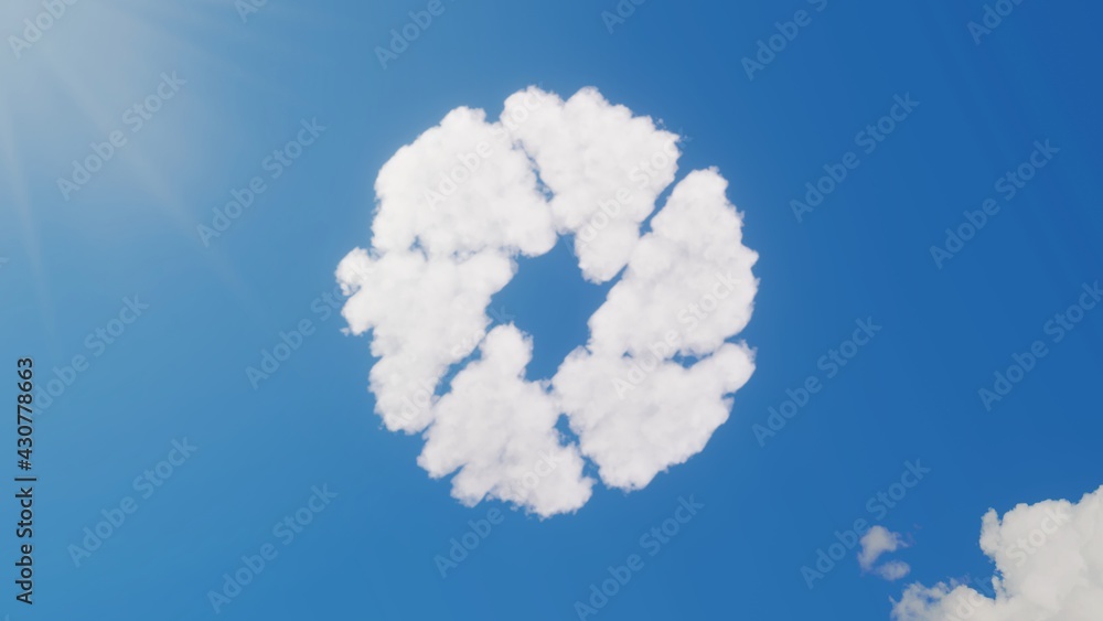 Poster 3d rendering of white clouds in shape of symbol of camera aperture on blue sky with sun