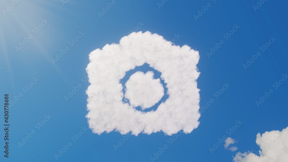 Poster 3d rendering of white clouds in shape of symbol of camera on blue sky with sun