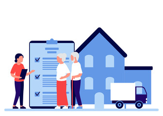 Property insurance people senior retirement, testament signing, appraisal estate. Financial advisor and lawyer services concept. Retirement estate, inheritance planning. Vector illustration