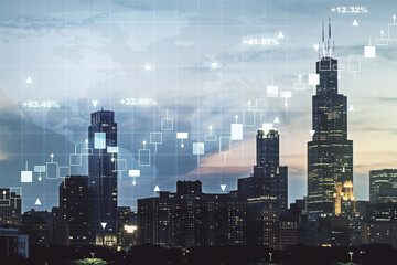 Fototapeta na wymiar Abstract creative financial graph interface and world map on Chicago skyline background, forex and investment concept. Multiexposure