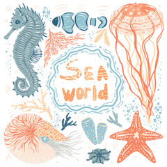 Cartoon marine animals and plants in doodle style. Funny underwater world set 