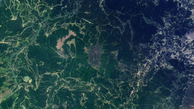 Green agriculture landscape landscape aerial satellite view of Baniachong district in Bangladesh, sunrise animation. Contains images furnished by Nasa