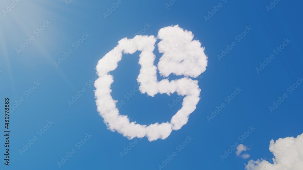 Poster 3d rendering of white clouds in shape of symbol of pie chart on blue sky with sun