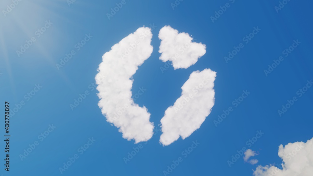 Poster 3d rendering of white clouds in shape of symbol of pie chart on blue sky with sun