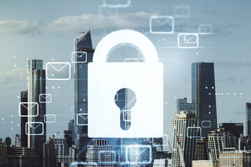 Abstract virtual lock symbol and postal envelopes illustration on New York city skyline background. Protection and firewall concept. Multiexposure