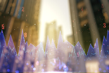 Multi exposure of abstract statistics data hologram interface on blurry cityscape background, computing and analytics concept