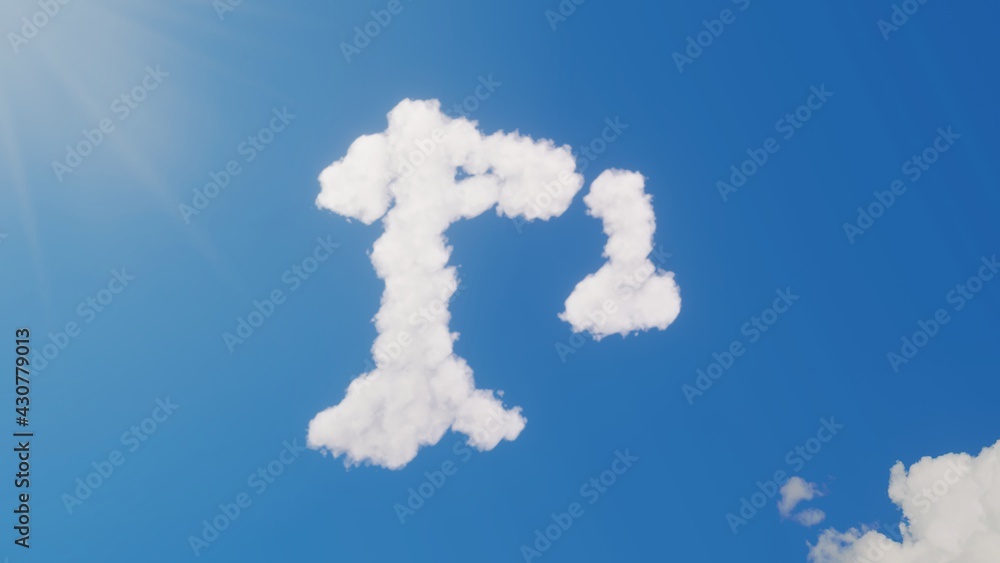Poster 3d rendering of white clouds in shape of symbol of building crane on blue sky with sun