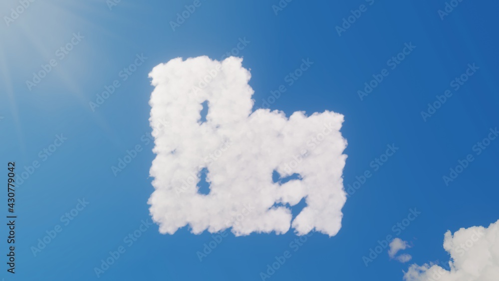 Poster 3d rendering of white clouds in shape of symbol of building on blue sky with sun
