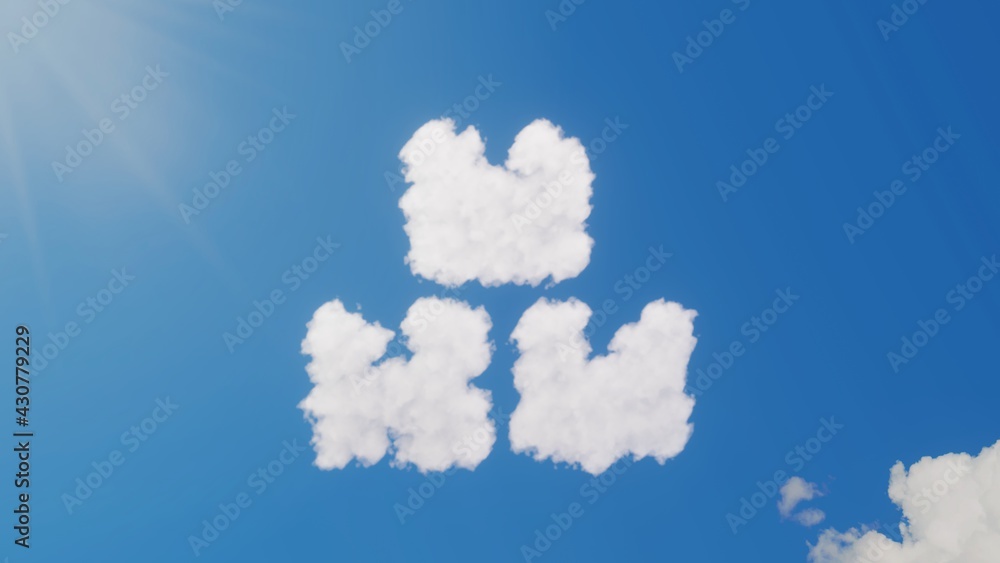 Poster 3d rendering of white clouds in shape of symbol of boxes on blue sky with sun