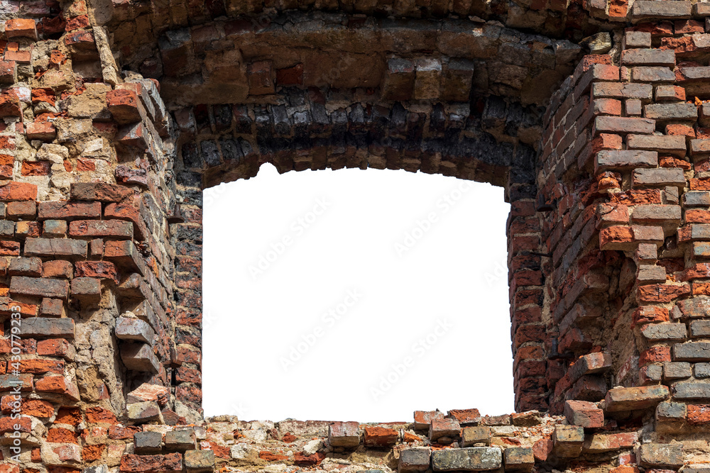 Poster red brick wall with a hole in the middle. isolated on white background. grunge frame. horizontal fra