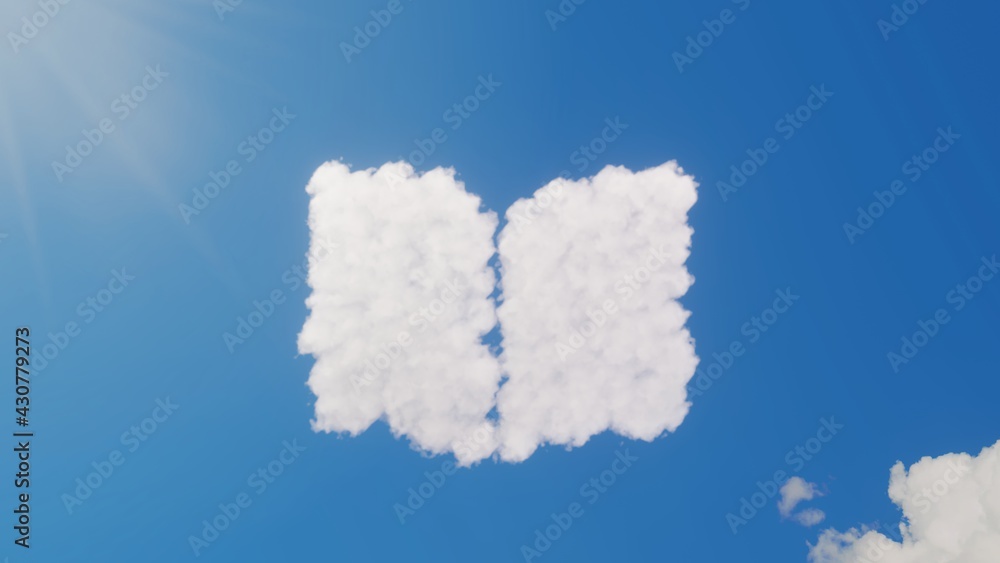 Poster 3d rendering of white clouds in shape of symbol of book open on blue sky with sun
