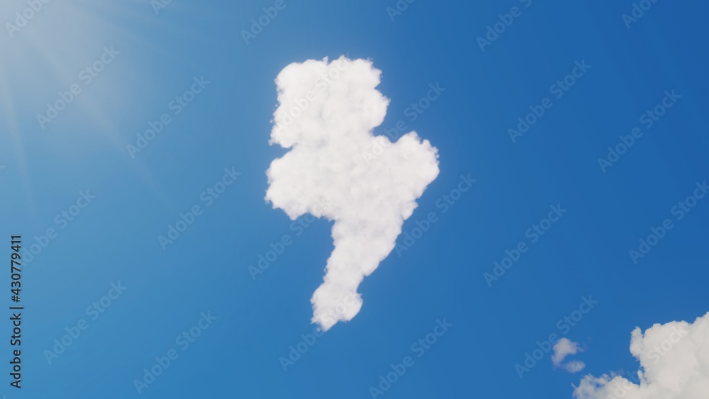 Poster 3d rendering of white clouds in shape of symbol of bolt of lightning on blue sky with sun