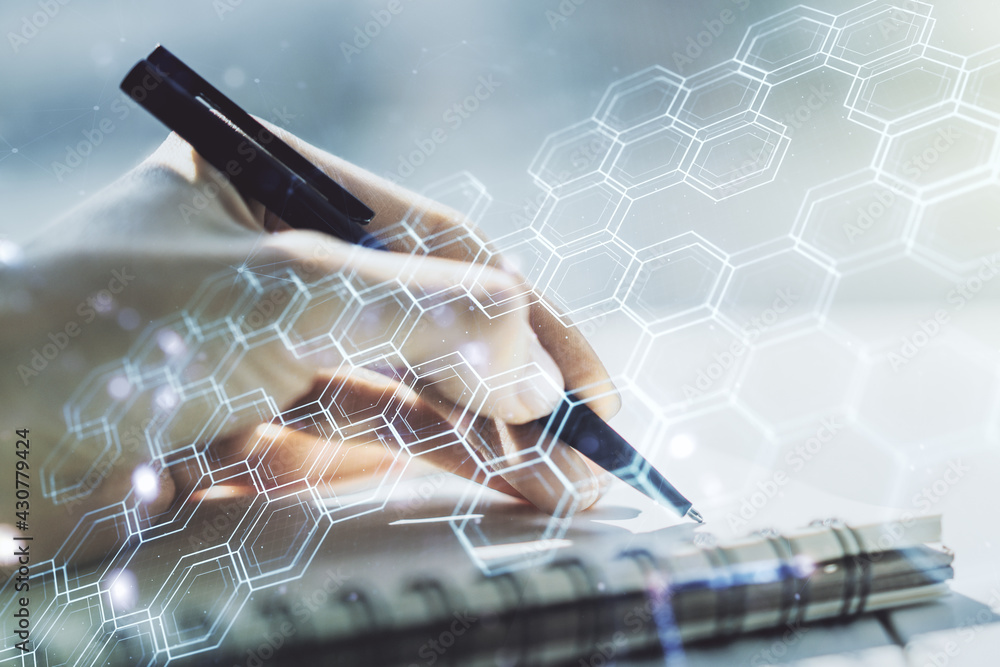 Poster creative abstract technology sketch with hexagon grid and woman hand writing in notepad on backgroun