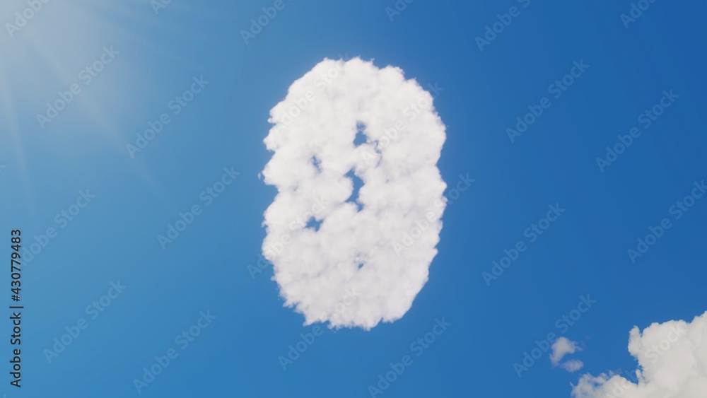 Poster 3d rendering of white clouds in shape of symbol of bluetooth on blue sky with sun