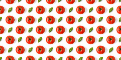 Food pattern background - tomatoes, basil leaves