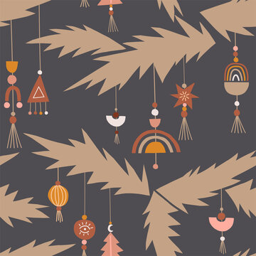 Christmas tree Bohemian decor vector seamless pattern. Boho Xmas fir abstract decorative toys background. Modern geometrical winter holidays decoration graphic design.