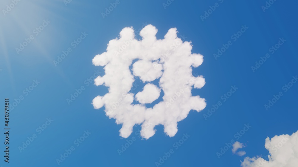 Aufkleber 3d rendering of white clouds in shape of symbol of bitcoin chip on blue sky with sun
